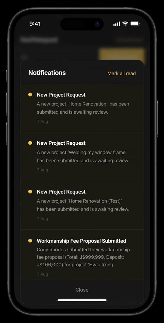 Admin receives the project request